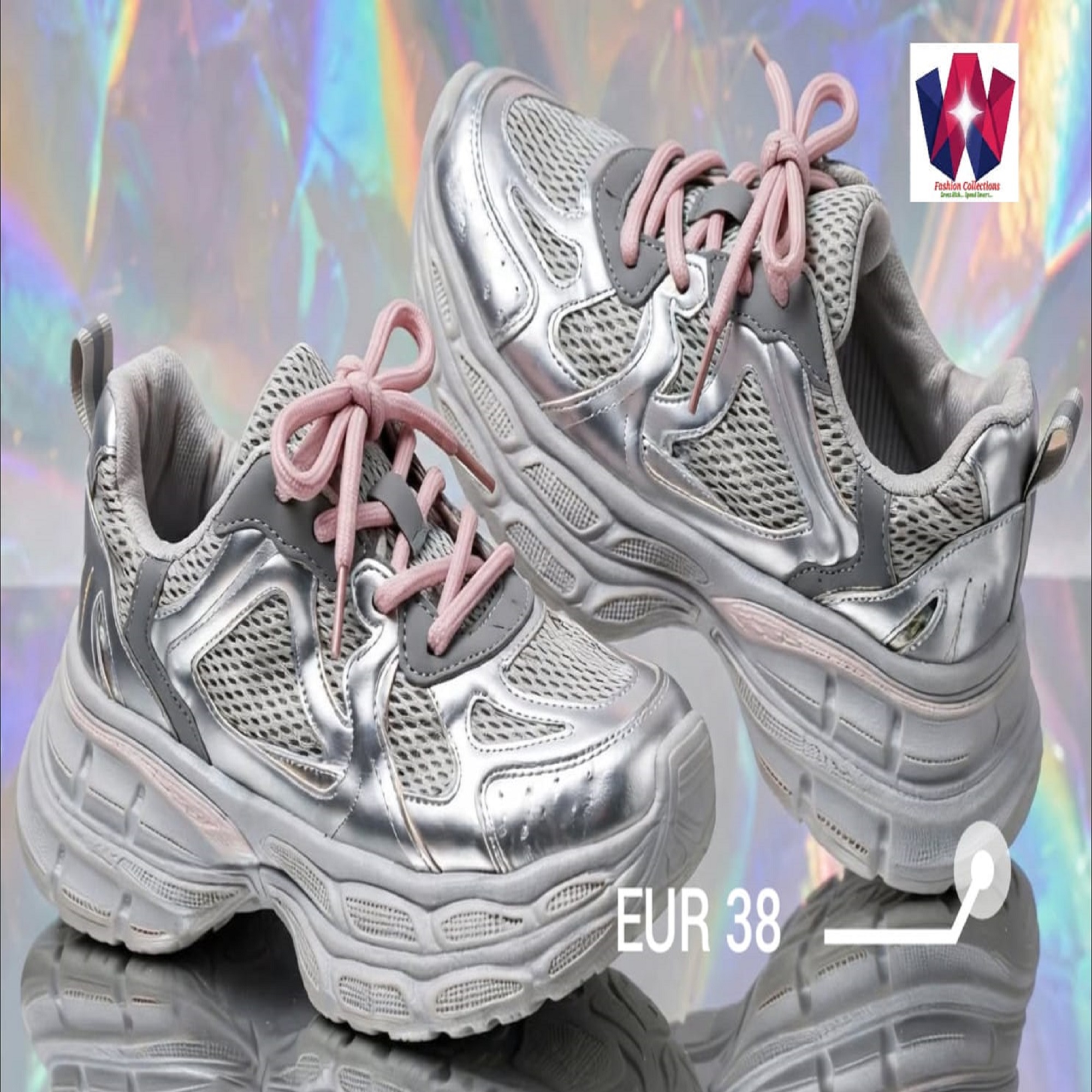Metallic Silver and Grey Chunky Sneakers with Pink Laces