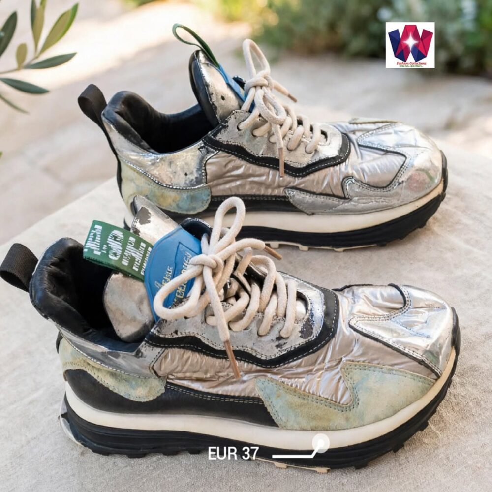 Silver Metallic Panelled Lace-Up Sneakers with Black Accents