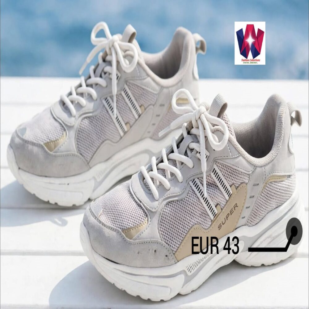White & Grey Mesh Lace-Up Chunky Sneakers